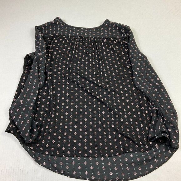 LOFT Blouse Black Printed Bell Long Sleeve Shirt Button Keyhole Top PM Petites - Picture 12 of 13